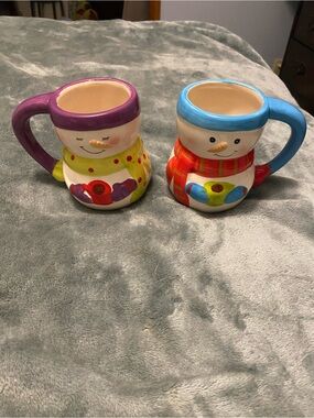 Bay Island Colorful Snowman & Doll Ceramic Mugs Set - Purple & Blue